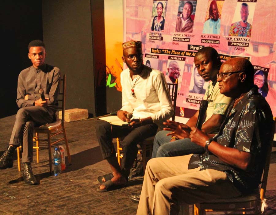 Logan February, moderator TJ Benson, Nwachukwu Egbunike, and Prof Femi Osofisan
