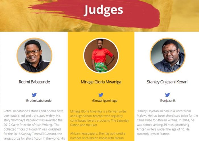 Rotimi Babatunde, Gloria Mwaniga Minage, Stanely Onjezani Kenani judge 100 words Africa